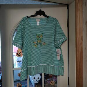 New Alfred Dunner Jade White Striped Short Sleeve Owl Top Women's 3XNew with